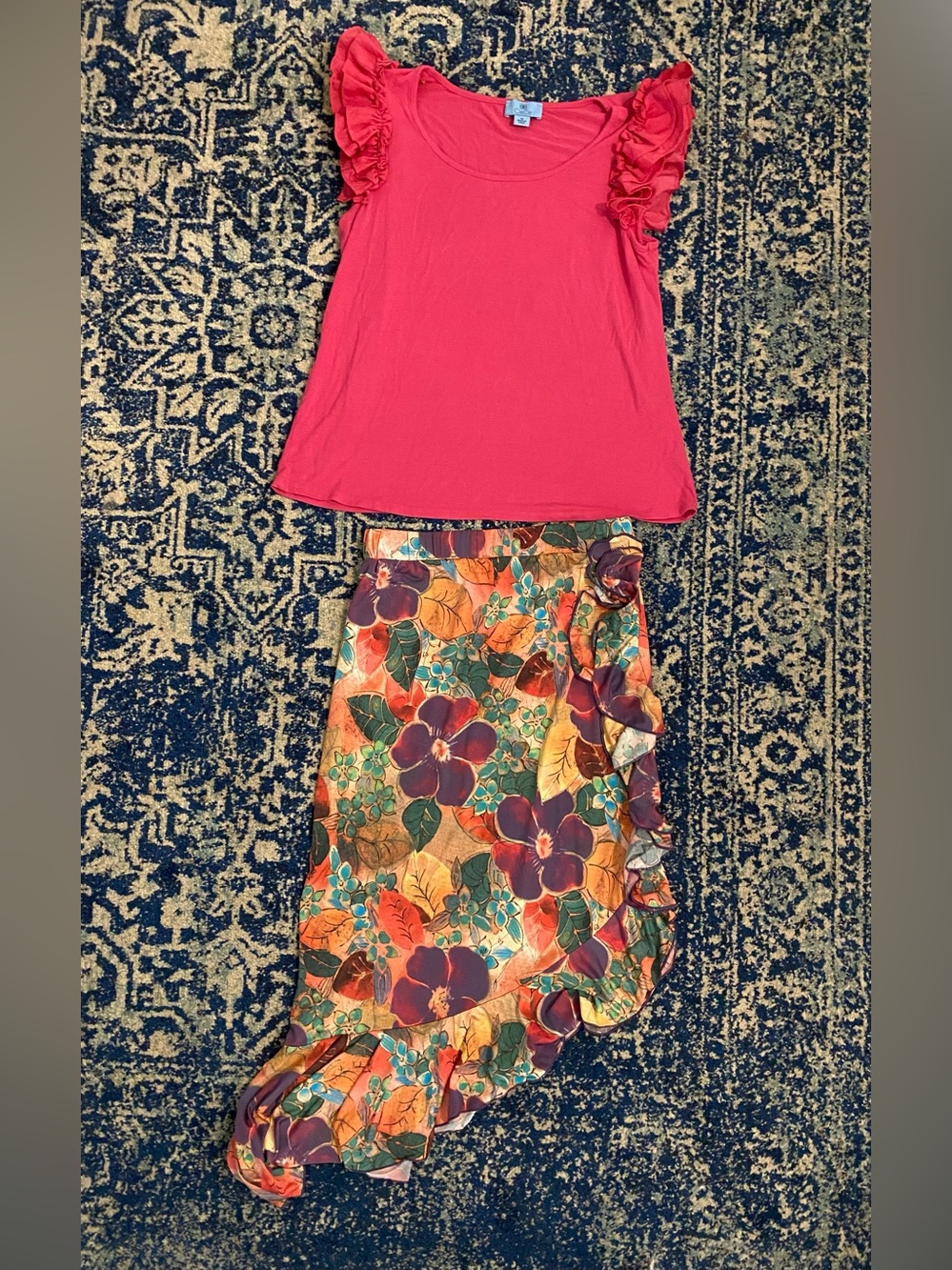 CeCe Pink Top with Lapis Floral High-Low Wrap Skirt - 2 piece outfit